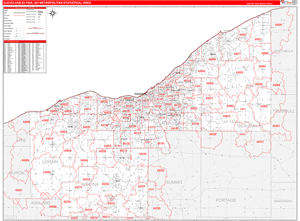 Cleveland-Elyria Metro Area Wall Map Red Line Style